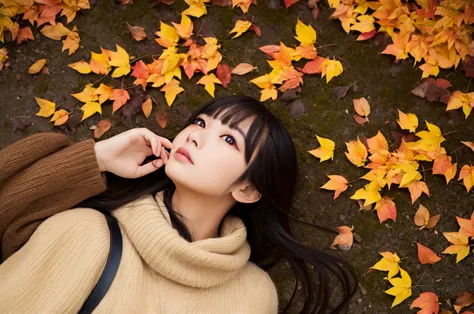 Highest quality、masterpiece、Highest detail、Japan Idol Beautiful Girl、Autumn Fashion、Looking up、Autumn scenery with falling leave...