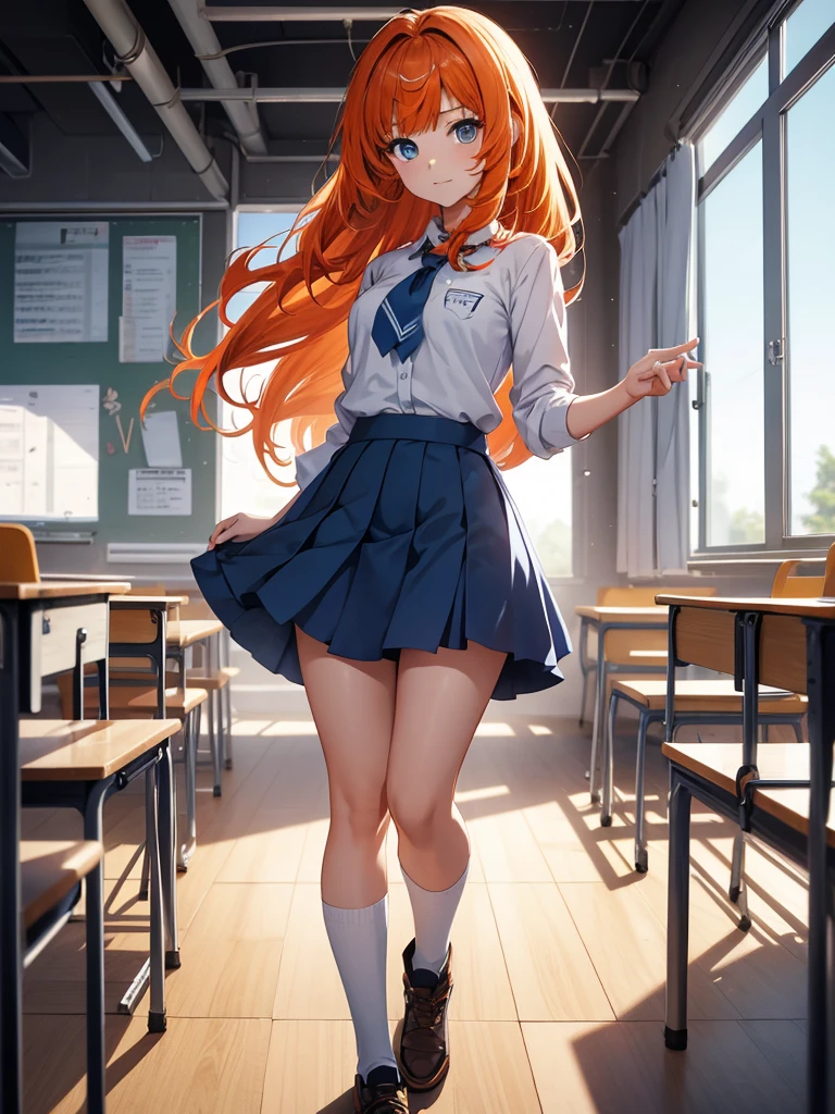 Nilou from Genshin impact game, 1girl, as a highschool girl, wearing a white shirt and blue skirt , at a classroom, orange colour hair, 8k, high detailed, high quality, full body