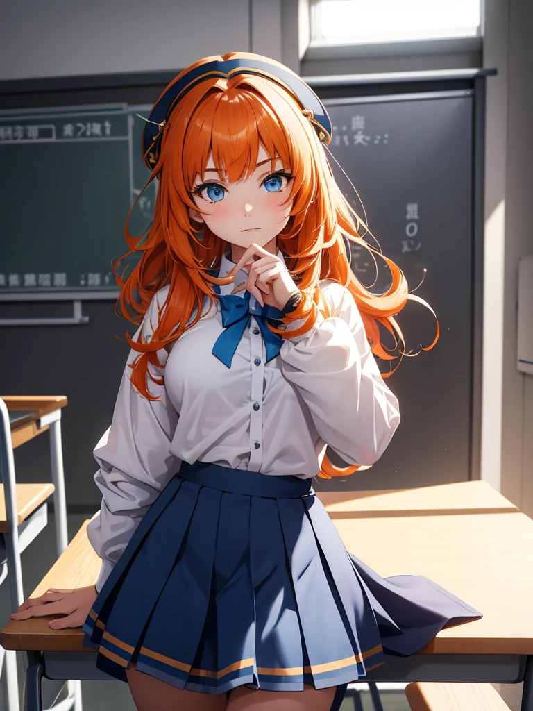 Nilou from Genshin impact game, 1girl, as a highschool girl, wearing a white shirt and blue skirt , at a classroom, orange colour hair, 8k, high detailed, high quality, full body