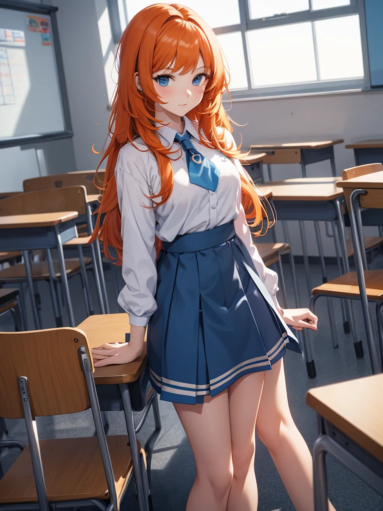 Nilou from Genshin impact game, 1girl, as a highschool girl, wearing a white shirt and blue skirt , at a classroom, orange colour hair, 8k, high detailed, high quality, full body