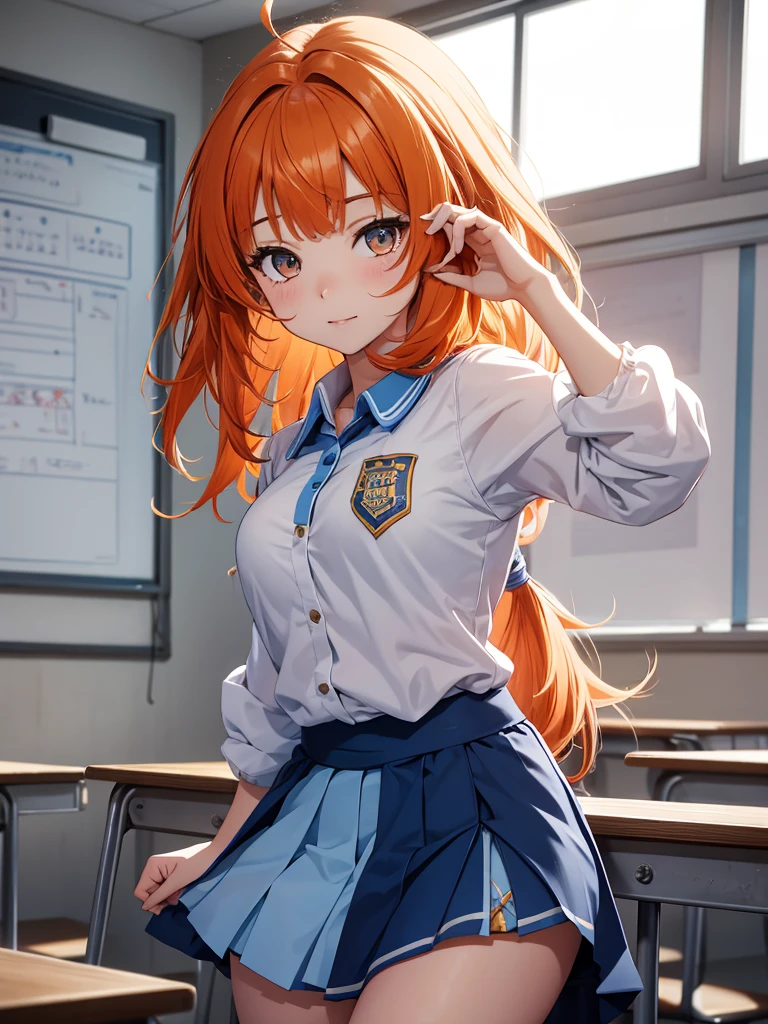 Nilou from Genshin impact game, 1girl, as a highschool girl, wearing a white shirt and blue skirt , at a classroom, orange colour hair, 8k, high detailed, high quality, full body