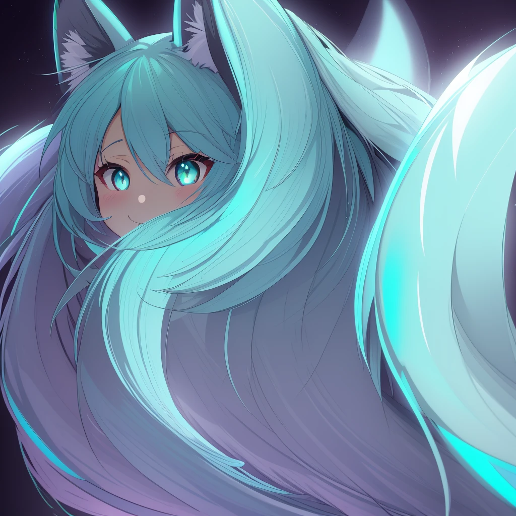 ultra detalheed, foco nitído, melhor qualidade, obra de arte, vistoso, 1 chica hatsune miku furry antro vixen antro, sombra, olhos água brilhantes, sorriso adicionado_detalhe, :3, fechar-se, iluminação volumétrica, Alto contraste, mal iluminado, fundo de matsuri japonês, Seu cabelo comprido cobre misteriosamente parte do rosto dela. 