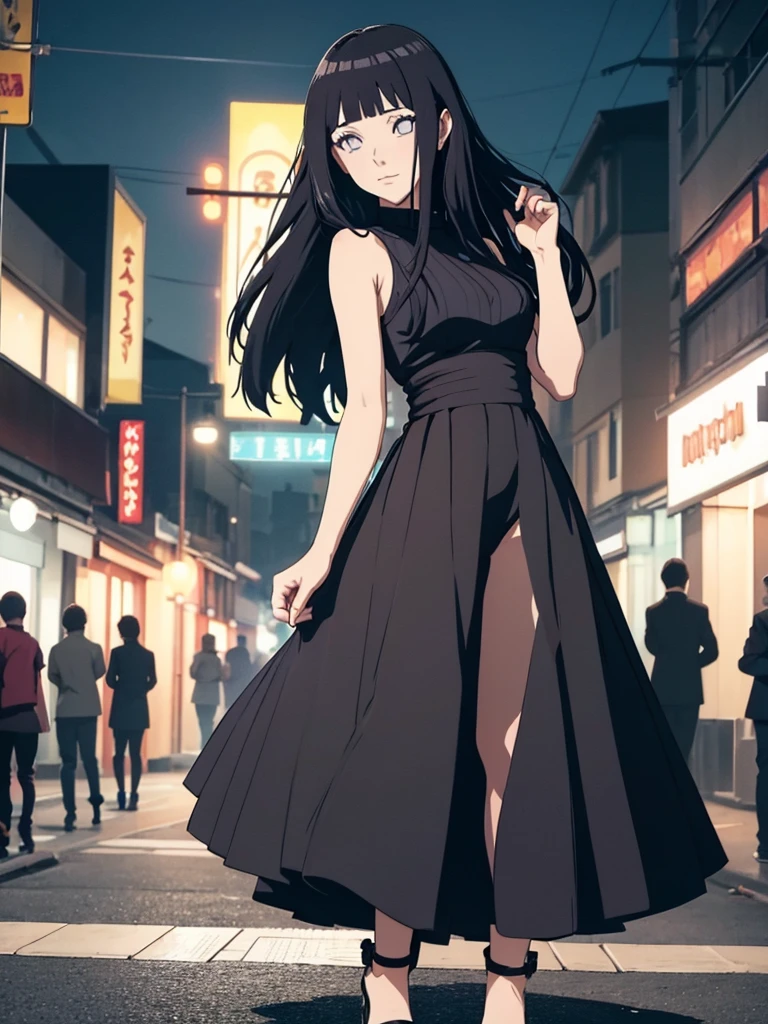 Hinata, 1girl, wearing a black colour party frock, stylish dress, at night party, black colour hair, 8k, high detailed, high quality, full body