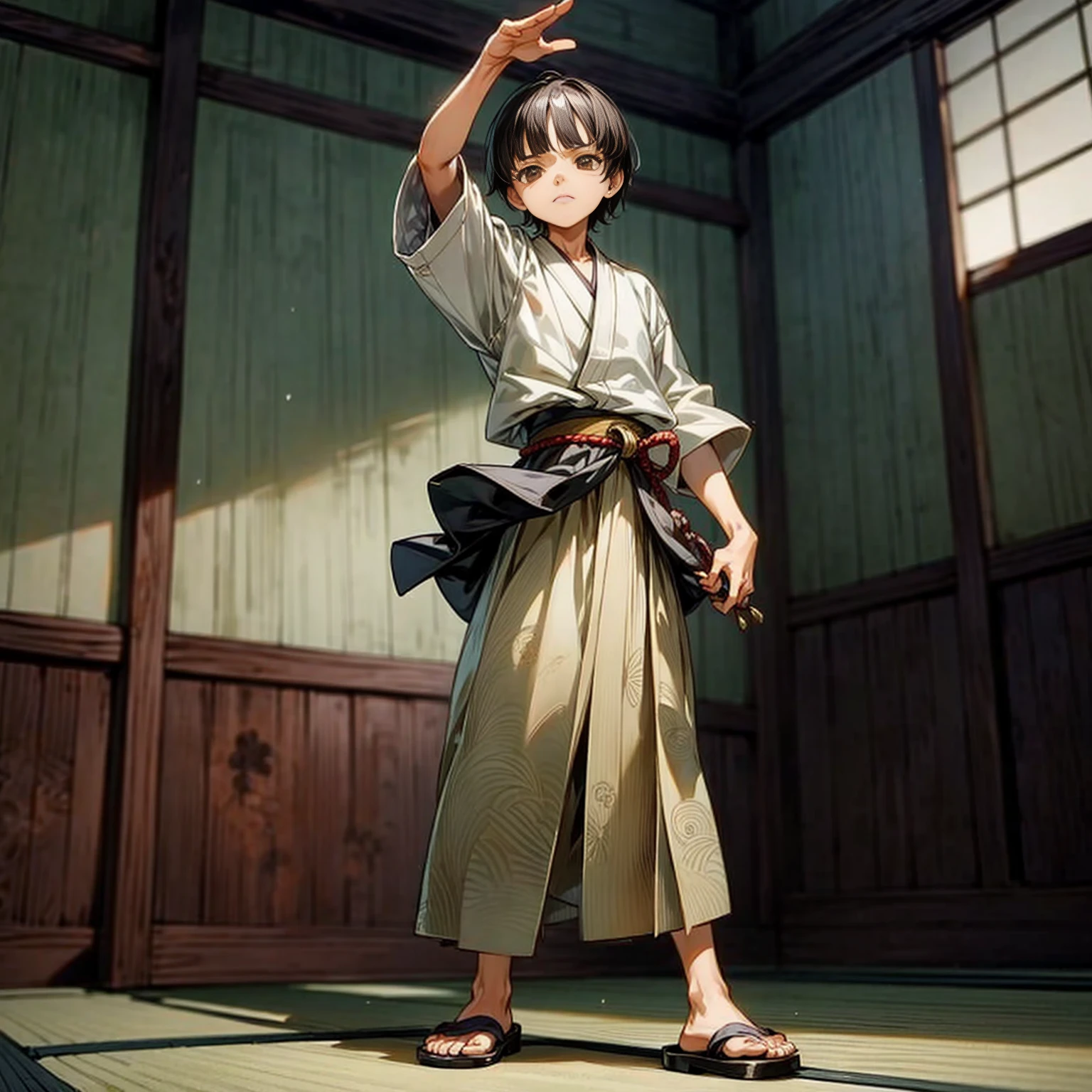 Solo, kid boy, full body version, Grassroots, ultra detailed, motion blur, brown eyes, black hair, short haircut, ancient Japanese traditional clothing style, Sandals, full background indoor room town, (one piece style art), standing gesture 