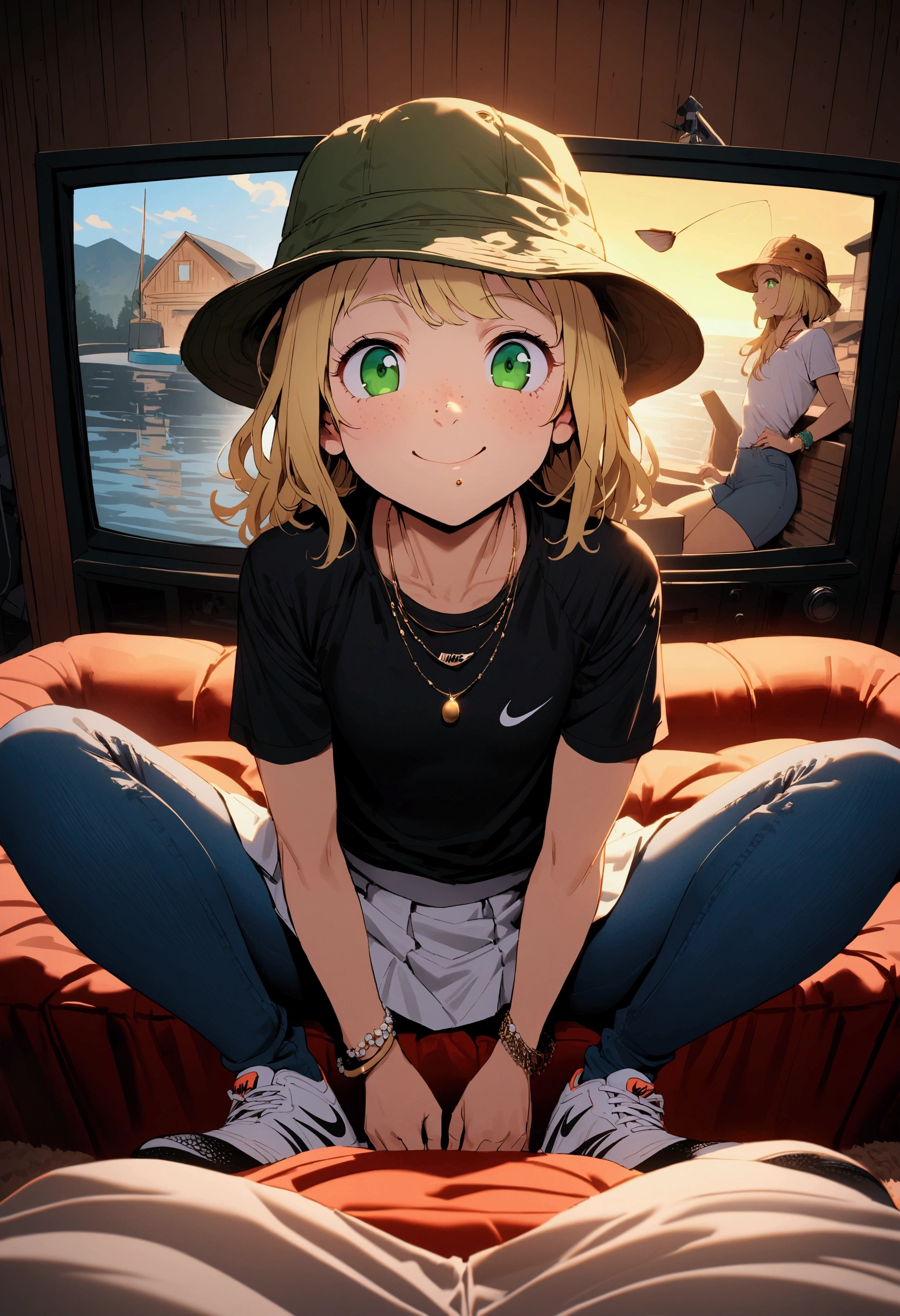 cheeky, freckled, blonde girl, green eyes, flat chest, pert butt, fishing hat, nose piercing, expensive necklace, bracelet, tight t-shirt, jeans, white mini skirt, Nike sneakers, cheeky smile, sitting on the couch house, tv background, echi, cinematic, dramatic, POV, dynamic view, full body,