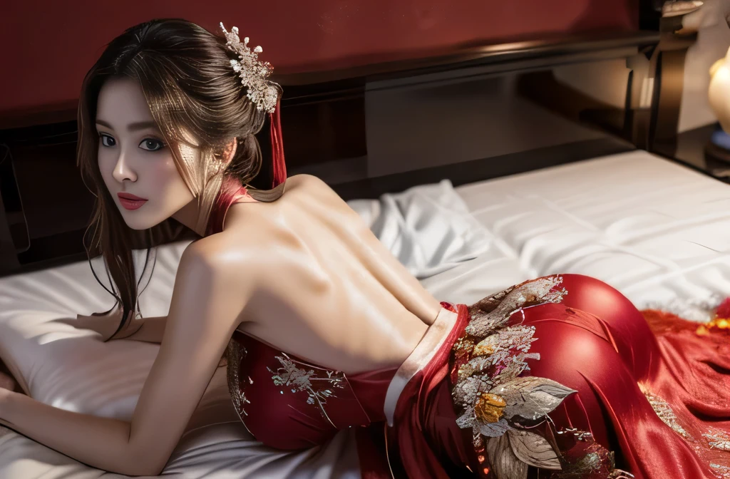 Ultra Hce with delicate features，8K，ultra intricately detailed，Clothing details， Girl in red bridal costume，Hanfu，Chinese costume，Silky silk dress，lace，Bridal outfit，Beautiful Girl，The whole body turned its back to me，Top view，Lying on the bed，头Lying on the bed，Butt exposed，Rise ass，Exposed ass，Show your buttocks，Chest exposed，Bare chest，Open your legs