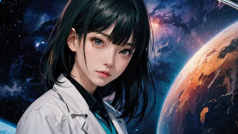 an anime girl wearing a white coat、staring into the camera with planets in the background, portrait anime astronaut girl, offici...