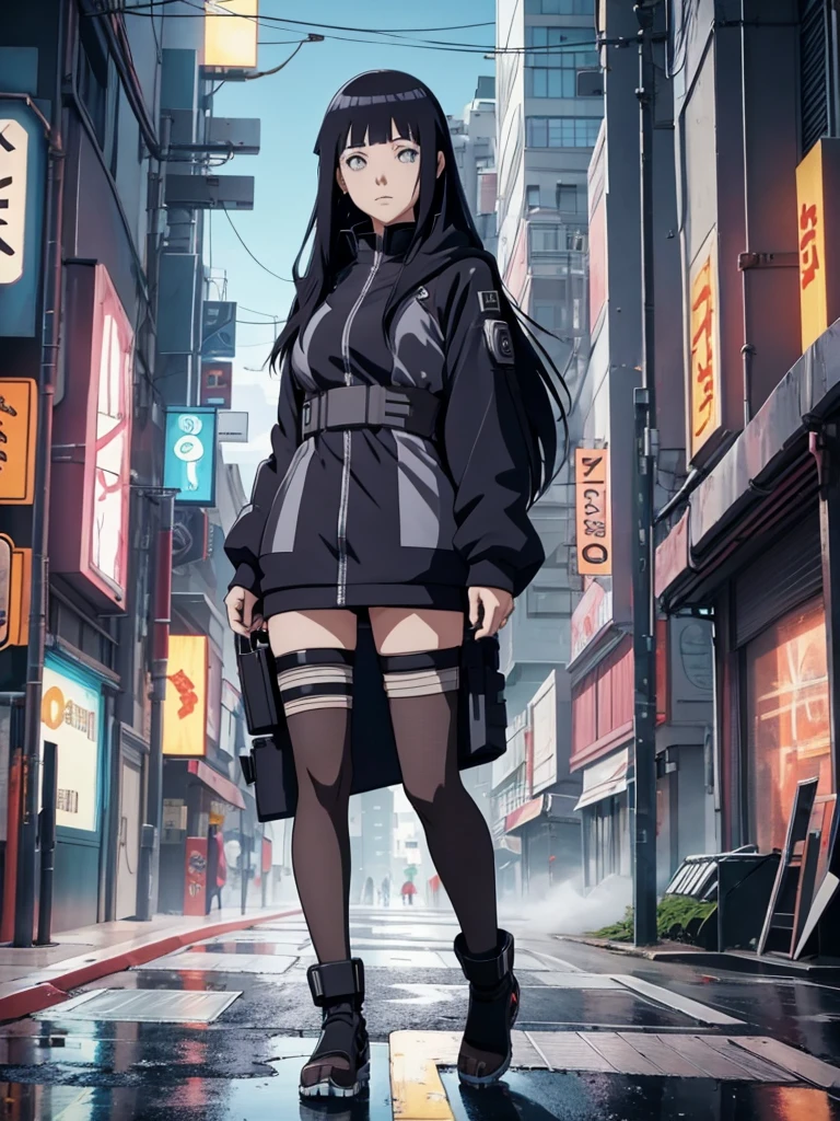 Hinata, 1girl, wearing a futuristic cyberpunk outfit, at a future city,  black colour hair, 8k, high detailed, high quality, full body