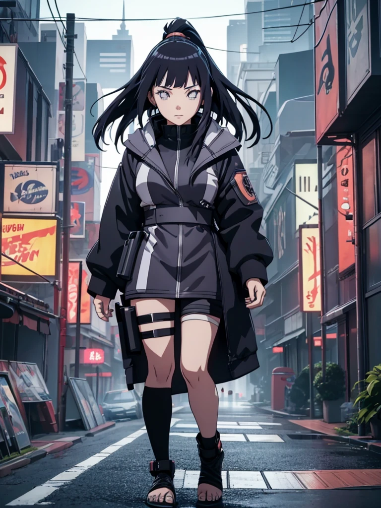 Hinata, 1girl, wearing a futuristic cyberpunk outfit, at a future city,  black colour hair, 8k, high detailed, high quality, full body