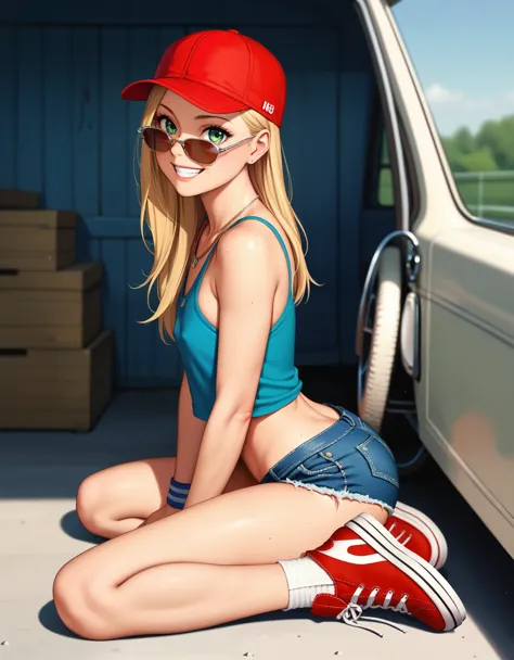 childish, sassy, ​​skinny, freckled, blonde girl, green eyes, flat chest, pert butt, red cap, sunglasses, thick necklace, wristb...