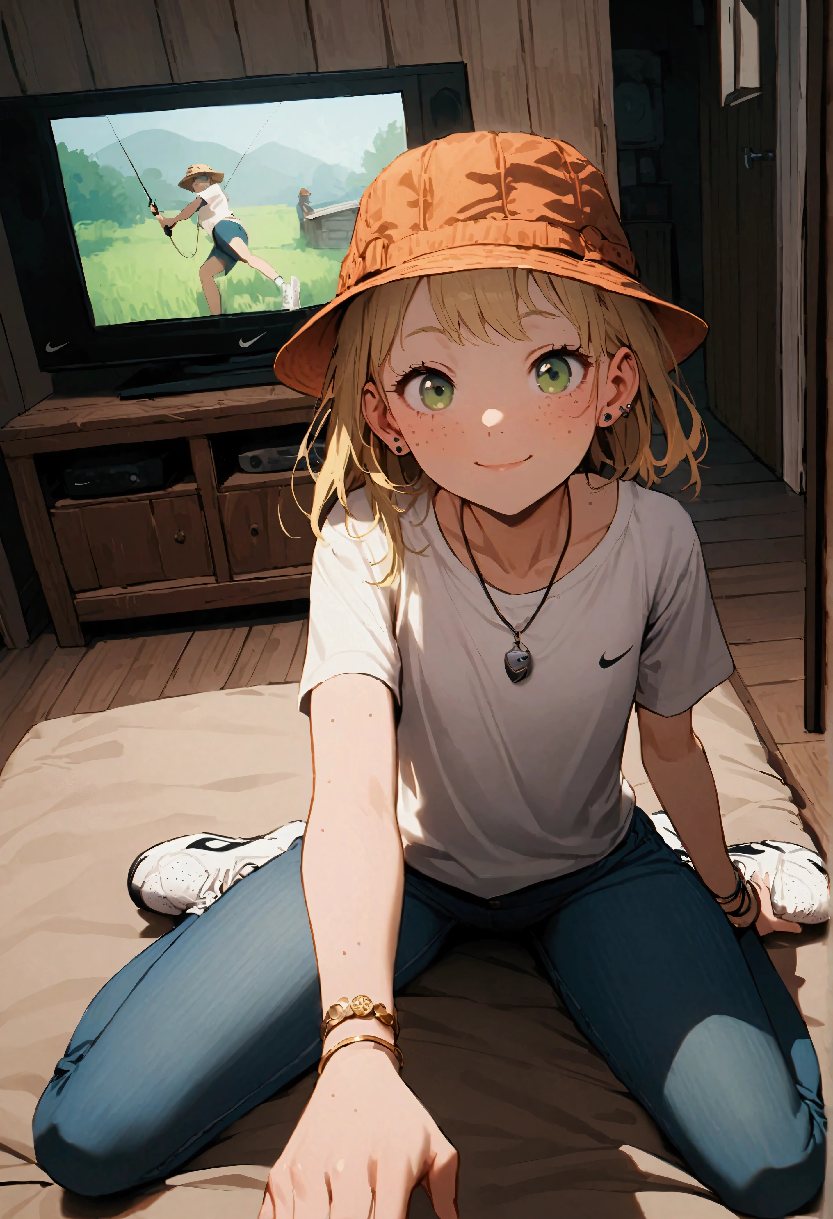 cheeky, freckled, blonde girl, green eyes, flat chest, pert butt, fishing hat, ear piercing, expensive pendant, bracelet, tight t-shirt, jeans, white mini skirt, Nike sneakers, cheeky smile, sitting on the couch house, tv background, echi, cinematic, dramatic, POV, dynamic view, full body,