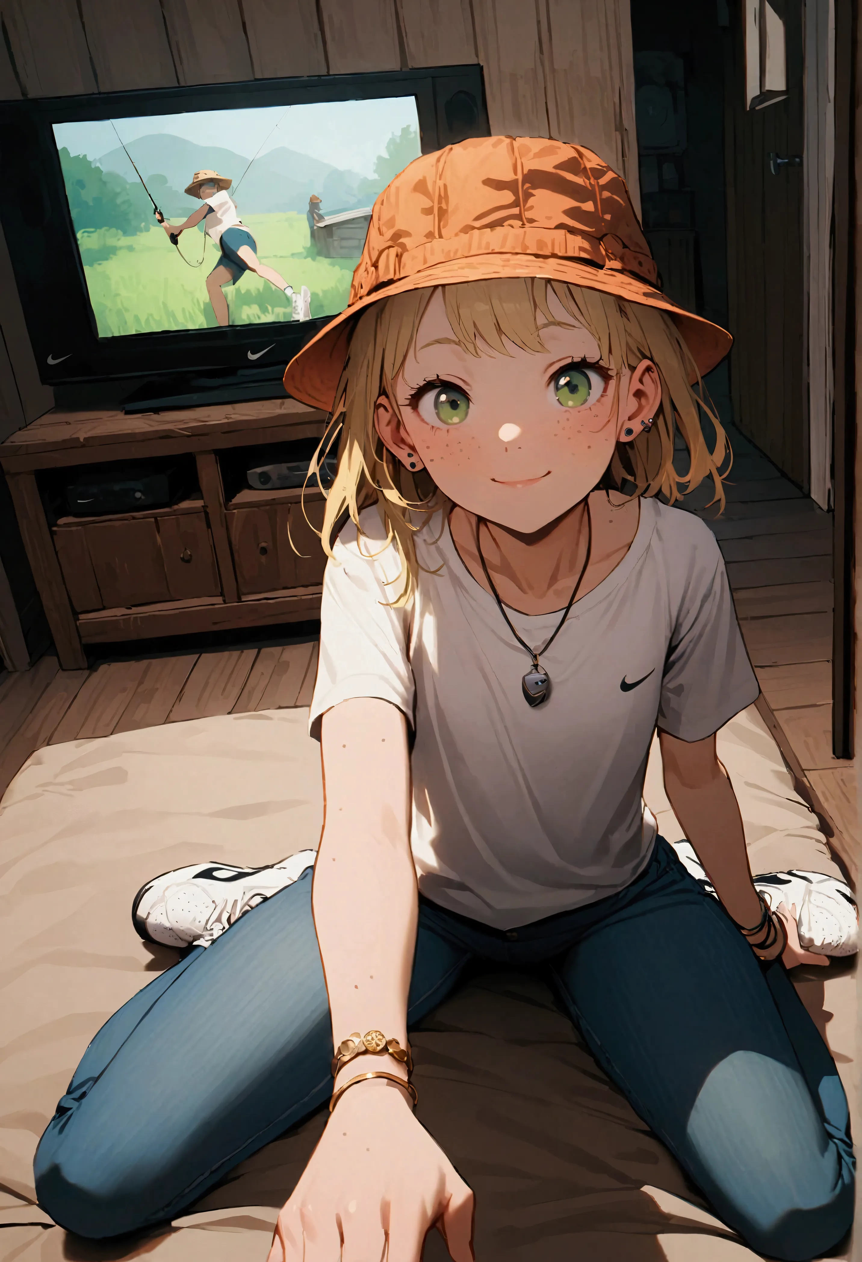 cheeky, freckled, blonde girl, green eyes, flat chest, pert butt, fishing hat, ear piercing, expensive pendant, bracelet, tight ...