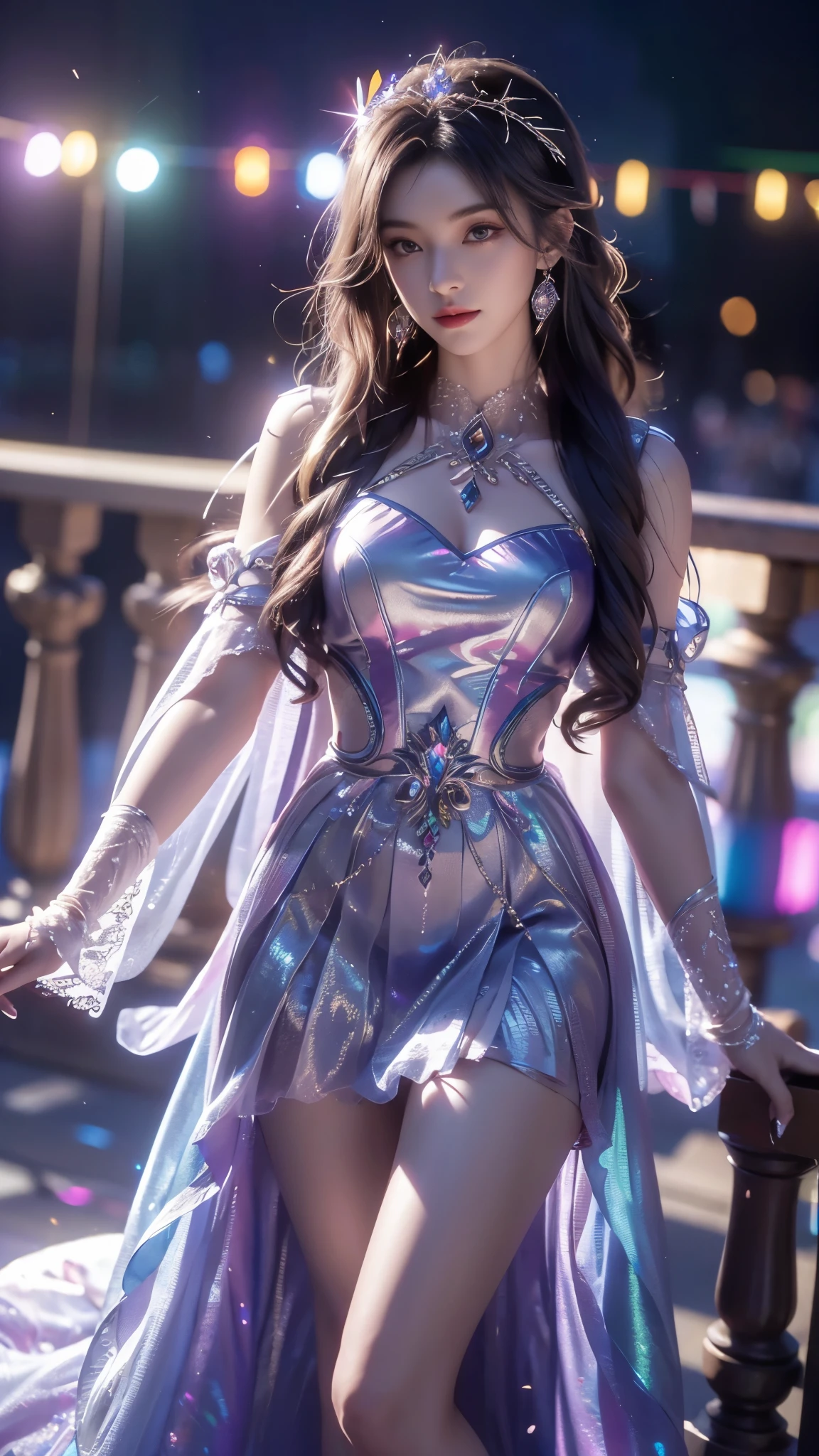 8K, UHD, MAsterpiece, best quality, 1 girl, (realistic face), happy pace, very long hair, small breasts, decorated dress, very beautiful ornaments dress, rainbow color, ((lace)), mesh dress, sardine, loops, legendary night balcony, depth of field, cinematic lighting, chromatic aberration, motion blur, glowing light, god rays, ray tracing, reflection light, backlighting, knee short,