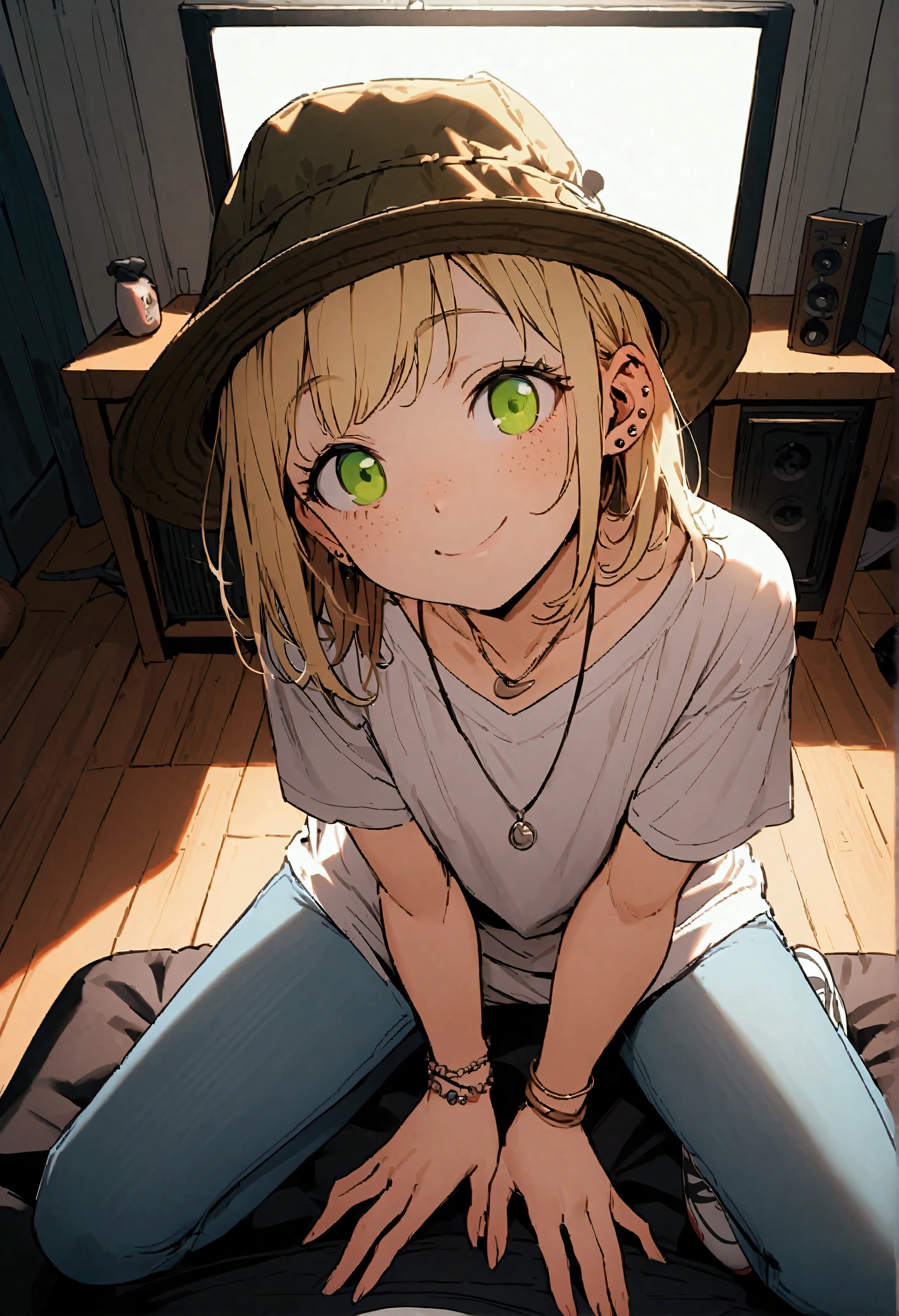 cheeky, freckled, blonde girl, green eyes, flat chest, pert butt, fishing hat, ear piercing, expensive pendant, bracelet, tight t-shirt, jeans, white mini skirt, Nike sneakers, cheeky smile, sitting on the couch house, tv background, echi, cinematic, dramatic, POV, dynamic view, full body,