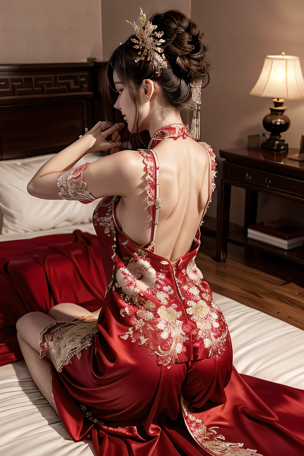 Ultra Hce with delicate features，8K，ultra intricately detailed，Clothing details， Girl in red bridal costume，Hanfu，Chinese costume，Silky silk dress，lace，Bridal outfit，Beautiful Girl，The whole body turned its back to me，Top view，Lying on the bed，头Lying on the bed，Butt exposed，Rise ass，Exposed white ass，Lift the hem of the skirt，Show your buttocks，Chest exposed，Bare chest，Open your legs