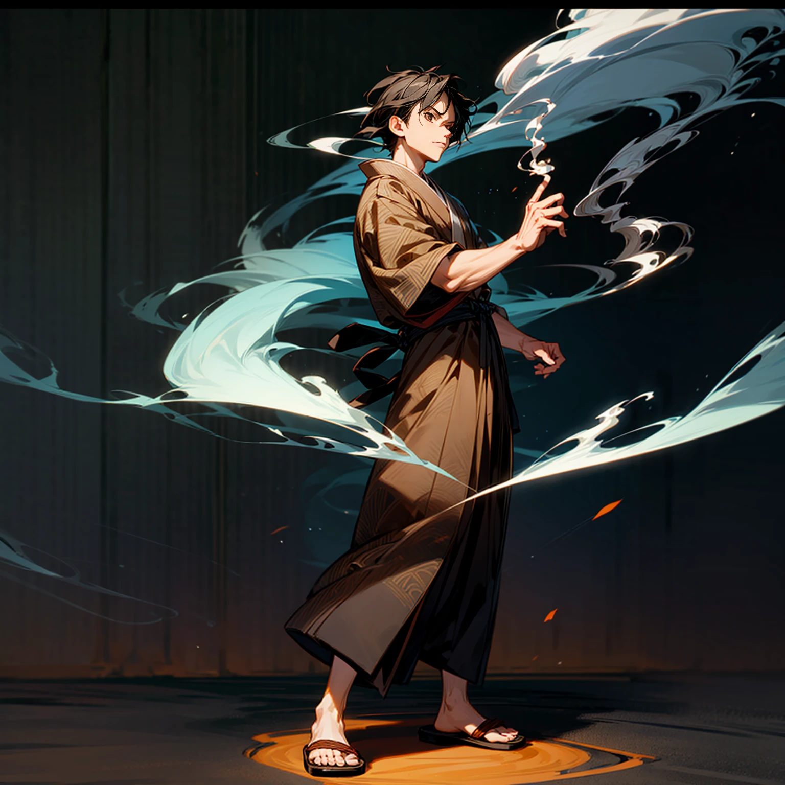 Solo, boy, full body version, Grassroots, ultra detailed, motion blur, brown eyes, black hair, short haircut, ancient Japanese traditional clothing style, Sandals, full background indoor room town, (one piece style art), standing gesture, smoke fire on hand, smoke fire in hand, Face focuses on hands 