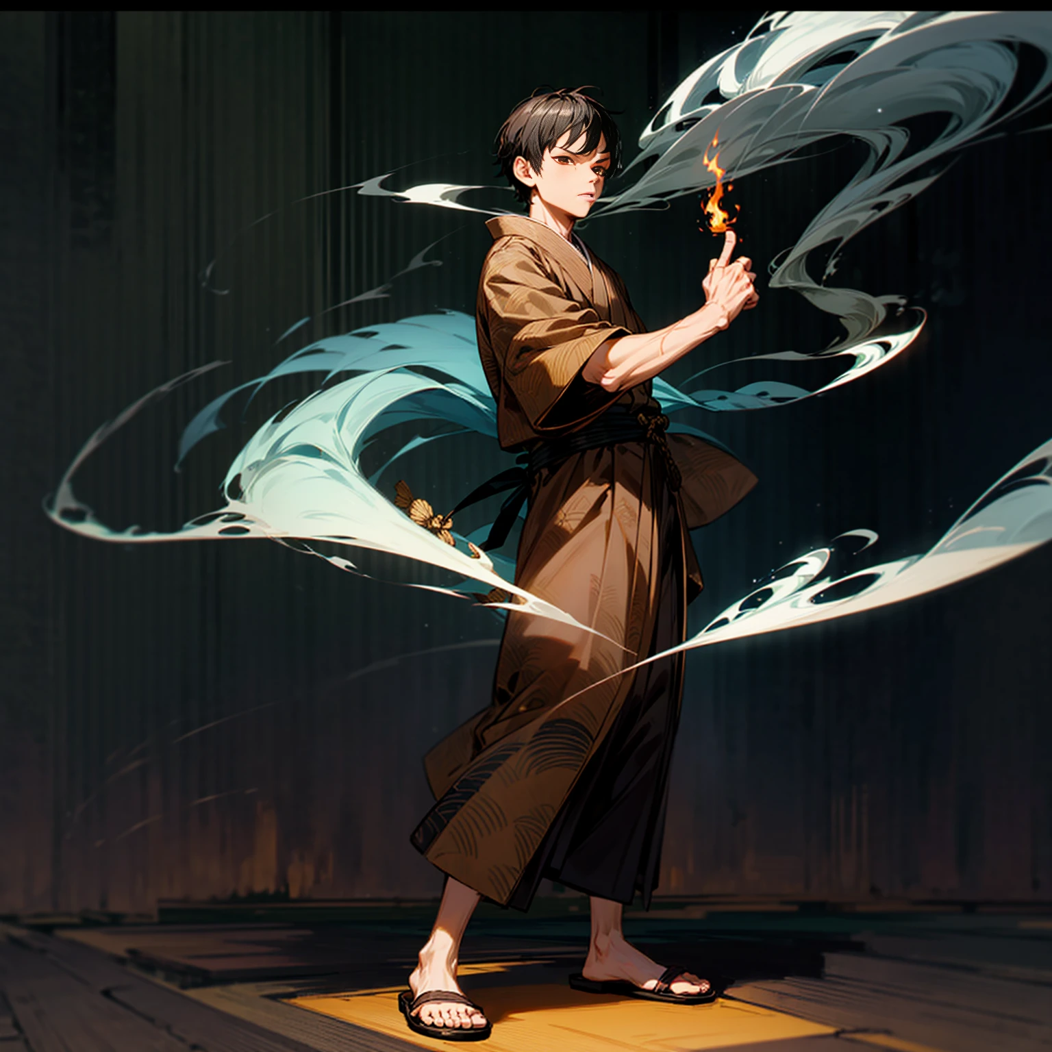 Solo, boy, full body version, Grassroots, ultra detailed, motion blur, brown eyes, black hair, short haircut, ancient Japanese traditional clothing style, Sandals, full background indoor room town, (one piece style art), standing gesture, smoke fire on hand, smoke fire in hand, Face focuses on hands 