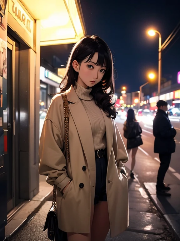 (Noriko Ogawa), (Cowboy Shot), fisheye, girl, alone, Female Model, Stylish female fashion model standing in an urban setting、Illuminated by street lamps at night、Modern clothing、Urban atmosphere、Stylish pose. The generated image is、Attracting attention in fashion magazines and on social media、