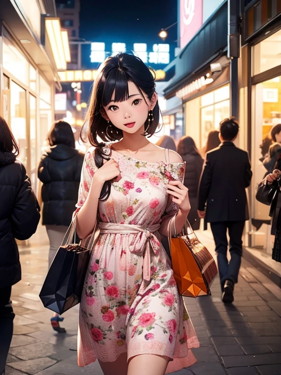 (Noriko Ogawa), (Cowboy Shot), girl, alone, Female Model, Female fashion model with a busy street in the background、Wearing a glamorous dress、Have a shopping bag、City Vibrancy. The generated image is、Attracting attention in fashion magazines and on social media、