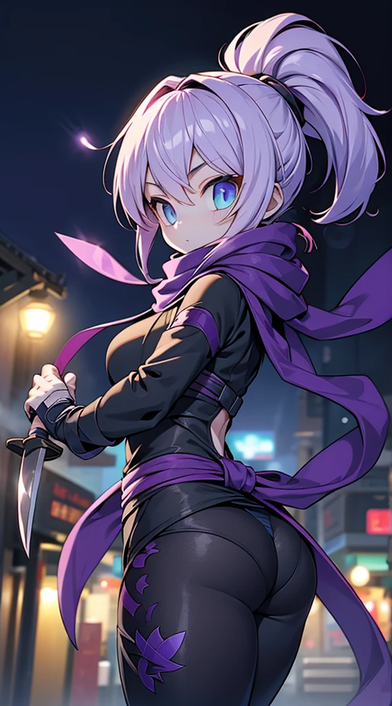 Ninja Girl，Ninja clothing少女，scarf，scarf，Purple with black，Purple with black，Ninja clothing，Tights，Nightwear，Big Ass，Big butt，Thin waist，cute，Kunai，短knife，手持短knife，Bandage，腿部Bandage，arm，arm，Close-up above the waist，Stick your butt out，Big Ass，cute的屁股，scarf，knife，Holding a dagger