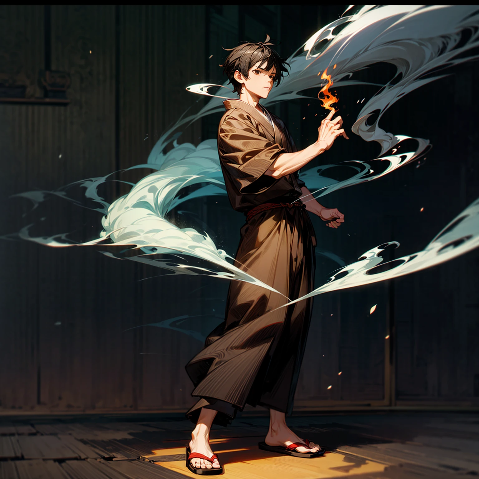 Solo, boy, full body version, Grassroots, motion blur, brown eyes, black hair, short haircut, ancient Japanese traditional clothing style, Sandals, full background indoor room town, (one piece style art), standing gesture, smoke fire on hand, smoke fire in hand, Face focuses on hands 