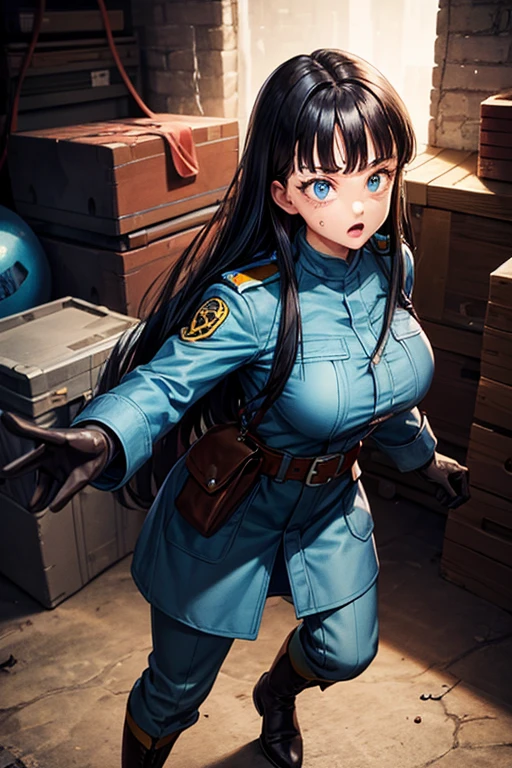 masterpiece, Highest quality,  Unreal Engine,  Super Resolution,  Very detailed, 

Beautiful woman, May, alone, uniform, Black Hair, boots, gloves, military, military uniform, Long Hair, iris, belt, coat, Black background, Simple Background, whole body, blunt bangs, bangs, Long Black Hair, Vivid expression, Healthy Body, Beautifully detailed sweat glands, Smooth skin texture, Carefully drawn,

(humidity:1.2), Beautiful Eyes, (Attractive face:1.2), (Beautiful Skin), (Big Breasts), Puffy nipples, Sticky with sweat, In a dynamic pose,

In the world of Dragon Ball, indoor, In the basement, 