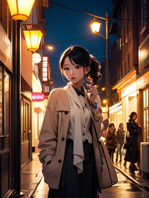 (Noriko Ogawa), (Cowboy Shot), girl, alone, Female Model, Stylish female fashion model standing in an urban setting、Illuminated by street lamps at night、Modern clothing、Urban atmosphere、Stylish pose. The generated image is、Attracting attention in fashion magazines and on social media、