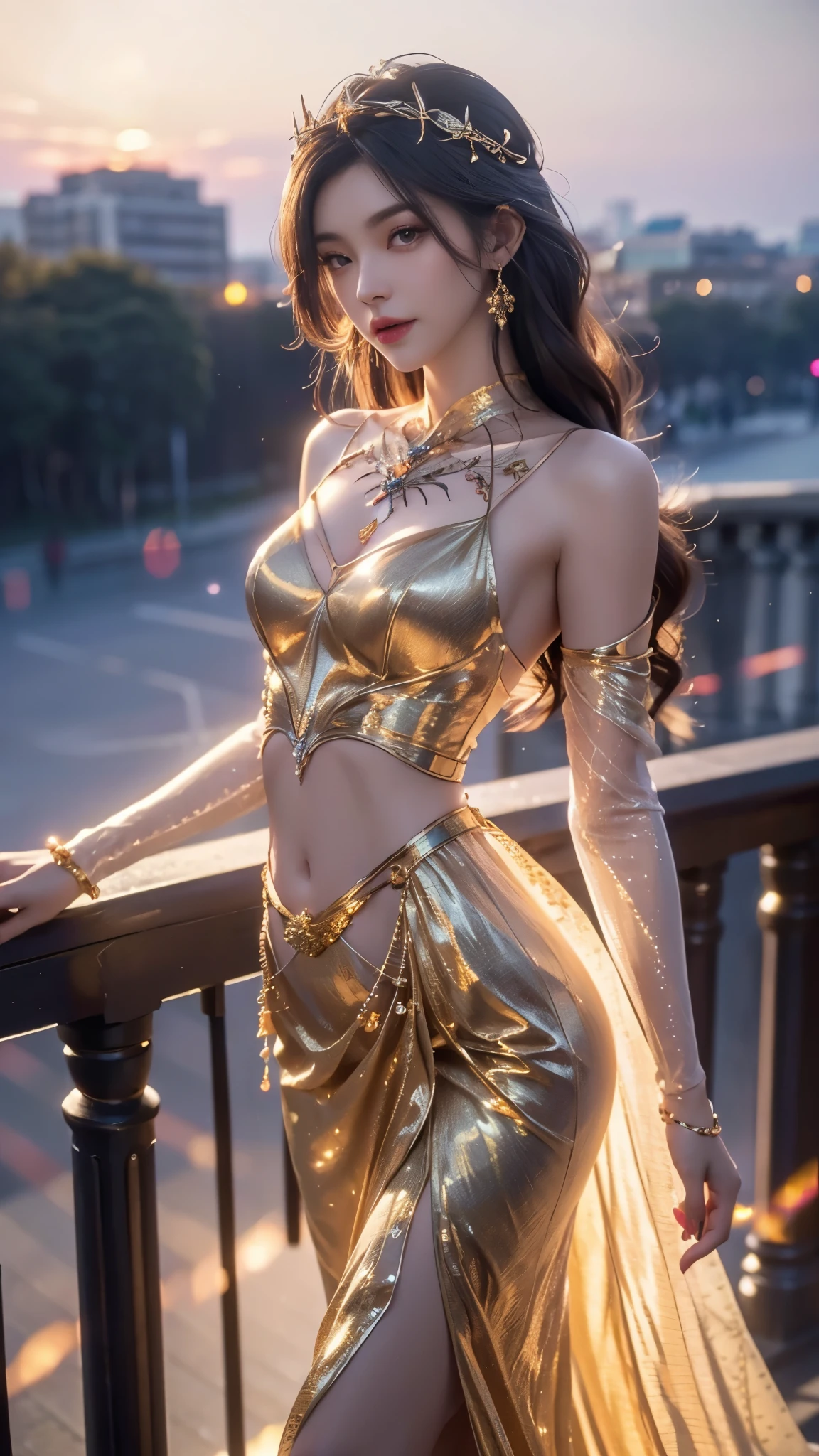 8K, UHD, MAsterpiece, best quality, 1 girl, (realistic face), happy pace, very long hair, small breasts, decorated dress, very beautiful ornaments dress, golden color, ((lace)), mesh dress, sardine, loops, legendary night balcony, depth of field, cinematic lighting, chromatic aberration, motion blur, glowing light, god rays, ray tracing, reflection light, backlighting, navel short,