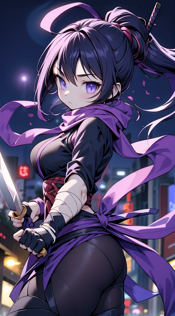 Ninja Girl，Ninja clothing少女，scarf，scarf，Purple with black，Purple with black，Ninja clothing，Tights，Nightwear，Big Ass，Big butt，Thin waist，cute，Kunai，短knife，手持短knife，Bandage，腿部Bandage，arm，arm，Close-up above the waist，Stick your butt out，Big Ass，cute的屁股，Big breasts，Big breasts，Body Positive，Straddling，scarf，knife，Holding a dagger