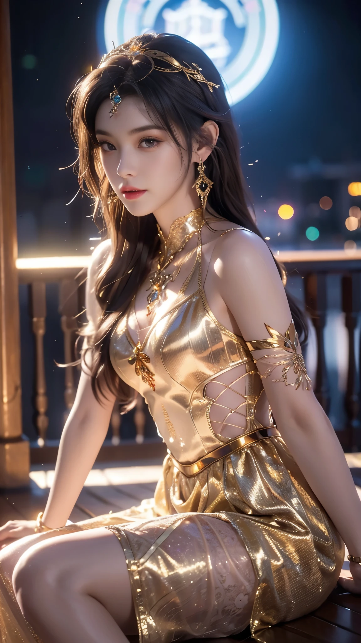 8K, UHD, MAsterpiece, best quality, 1 girl, (realistic face), happy pace, very long hair, small breasts, decorated dress, very beautiful ornaments dress, golden color, ((lace)), mesh dress, sardine, loops, legendary night balcony, depth of field, cinematic lighting, chromatic aberration, motion blur, glowing light, god rays, ray tracing, reflection light, backlighting, sitting short,