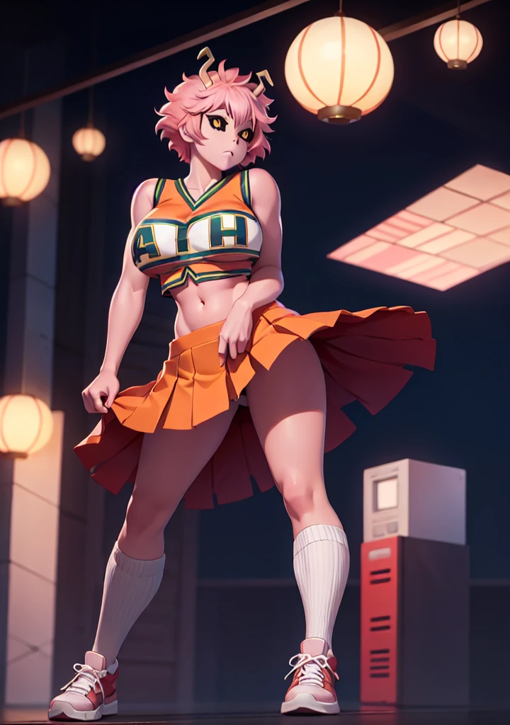 mina ashido, 1girl, solo, looking at viewer, short hair, simple background, yellow eyes, pink hair, horns, colored skin, colored sclera, black sclera, pink skin, U.A. CheerUniform, orange skirt, (bare belly), perfect shading, bare shoulders, big breasts