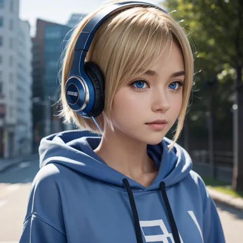 (masterpiece, best quality: 1.2), ultra detailed, highest detail, beautiful girl, anime, blonde, short hair, headphones, crimson...