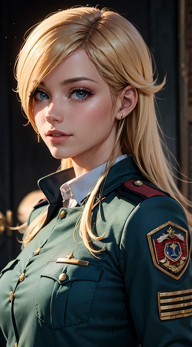 light smile, glowing skin, better quality, illustration, (realistic:1.4) 여성 soldier, female officer, soldier, military uniform