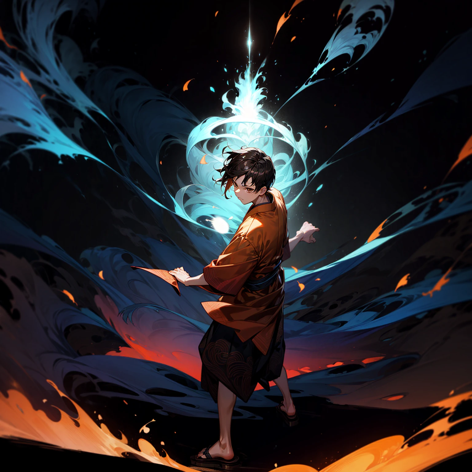 Solo, boy, full body version, Grassroots, ultra detailed, motion blur, brown eyes, black hair, short haircut, ancient Japanese traditional clothing style, Sandals, full background fire town, (one piece style art), standing gesture, big fire on hand, big fire in hand, Face focuses on hands, smoke effect on background, plasma effect, aura effect, light fire effect on hand, high angle view 