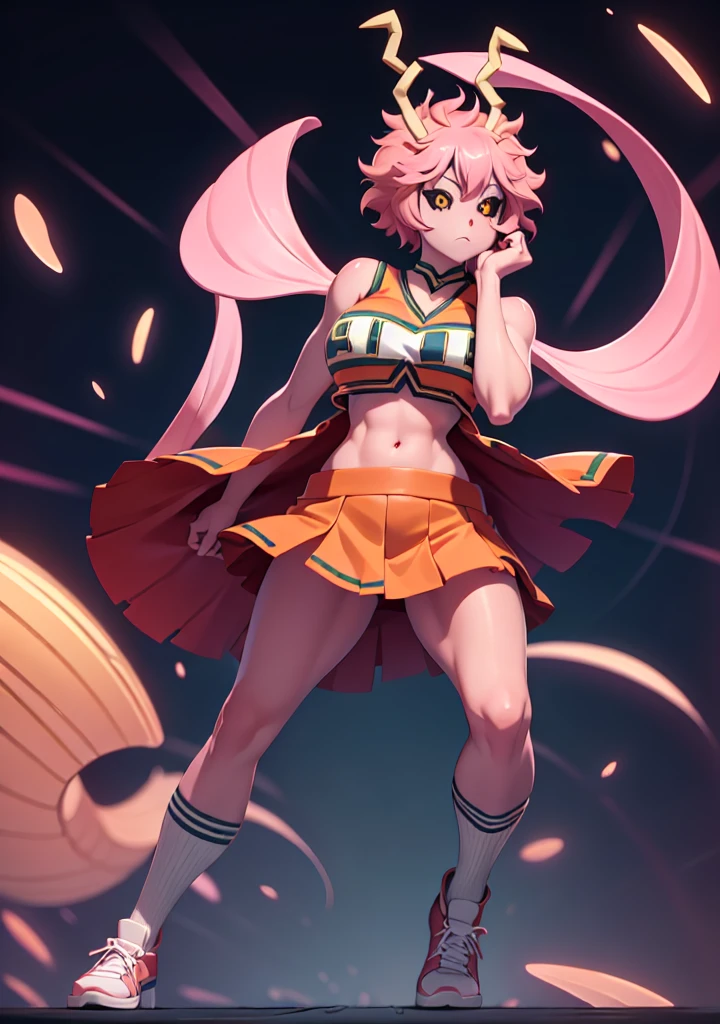 mina ashido, 1girl, solo, looking at viewer, short hair, simple background, yellow eyes, pink hair, horns, colored skin, colored sclera, black sclera, pink skin, U.A. CheerUniform, orange skirt, (bare belly), perfect shading, bare shoulders, big breasts