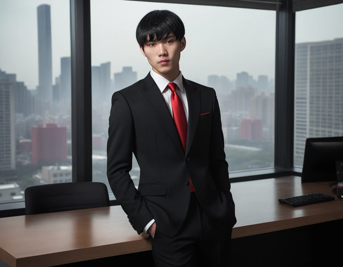 Photorealistic, solo, young male, looking at viewer, Chinese Japanese Korean, light skin, 27 years, model, bowl cut wavy black hair, side swept bangs, (black suit with red tie:1.1), dark lighting, foreboding, standing in luxury office, (city background from window:1.1)