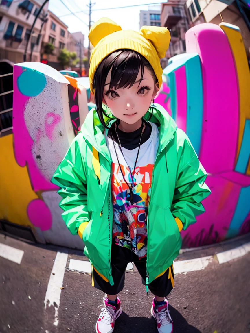 (Cowboy Shot), fisheye, girl, alone, womanモデル, Hip Hop Fashion, woman, Oversized jacket, bandana, high top sneakers, Graffiti art, Street Corner, Street dance pose, Fresh makeup, Vibrant colors, Confidence , The generated image is、Attracting attention in fashion magazines and on social media、