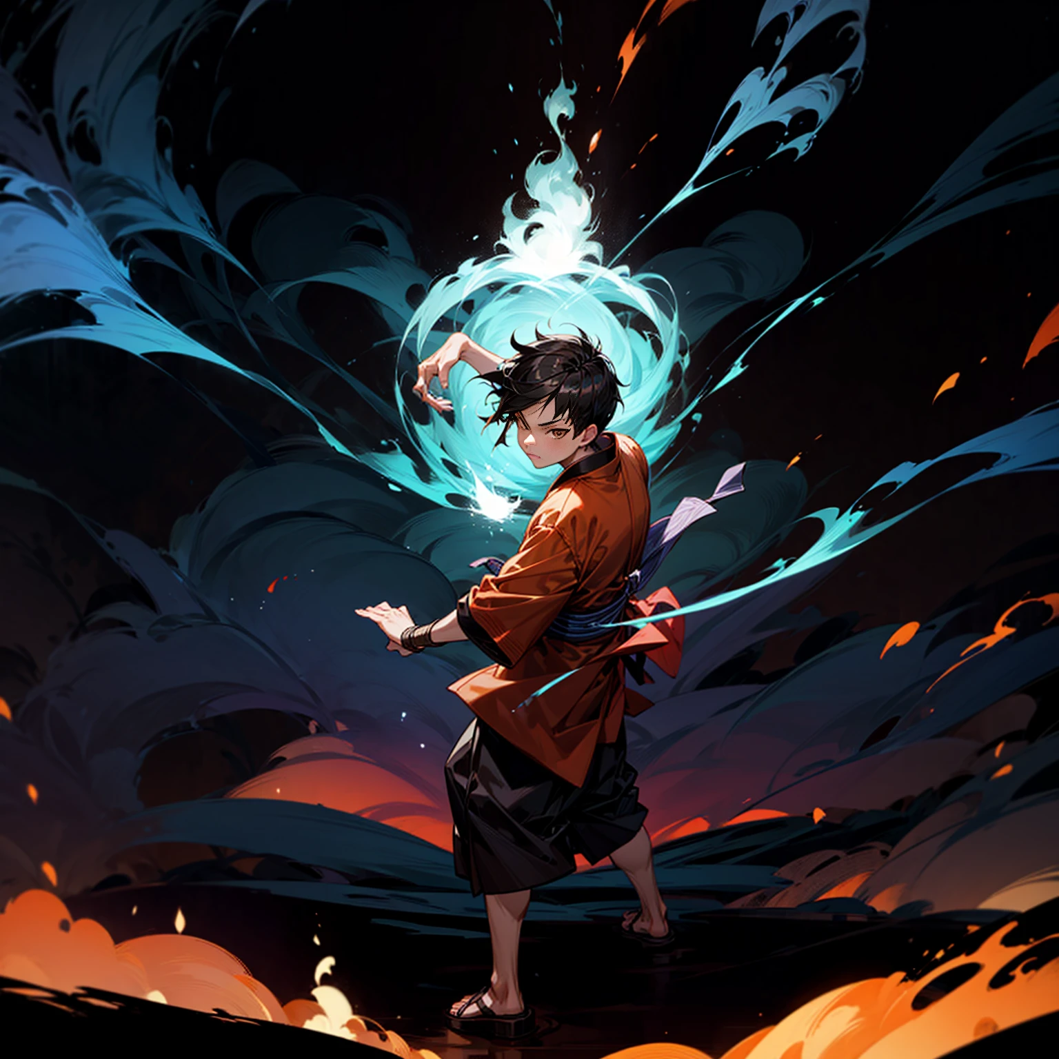 Solo, boy, full body version, Grassroots, ultra detailed, motion blur, brown eyes, black hair, short haircut, ancient Japanese traditional clothing style, boots, full background fire town, (one piece style art), standing gesture, big fire on hand, big fire in hand, Face focuses on hands, smoke effect on background, plasma effect, aura effect, light fire effect on hand, high angle view, bandage on hand 