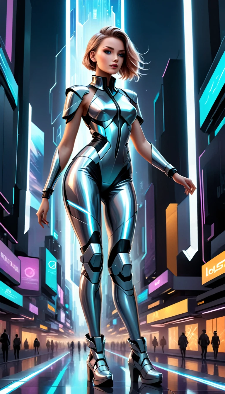 Hyper-realistic digital painting of a fashion model wearing a cutting-edge, futuristic outfit in a sleek, high-tech environment. The outfit features metallic fabrics, LED accents, and geometric shapes, reflecting the innovation of future fashion. The background includes a futuristic cityscape with holographic billboards and advanced architecture. The model's pose is bold and assertive, embodying the forward-thinking nature of the fashion industry. Cinematic composition, trending on ArtStation.