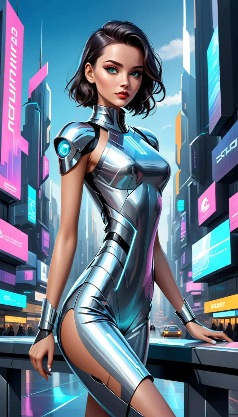 Hyper-realistic digital painting of a fashion model wearing a cutting-edge, futuristic outfit in a sleek, high-tech environment. The outfit features metallic fabrics, LED accents, and geometric shapes, reflecting the innovation of future fashion. The background includes a futuristic cityscape with holographic billboards and advanced architecture. The model's pose is bold and assertive, embodying the forward-thinking nature of the fashion industry. Cinematic composition, trending on ArtStation.