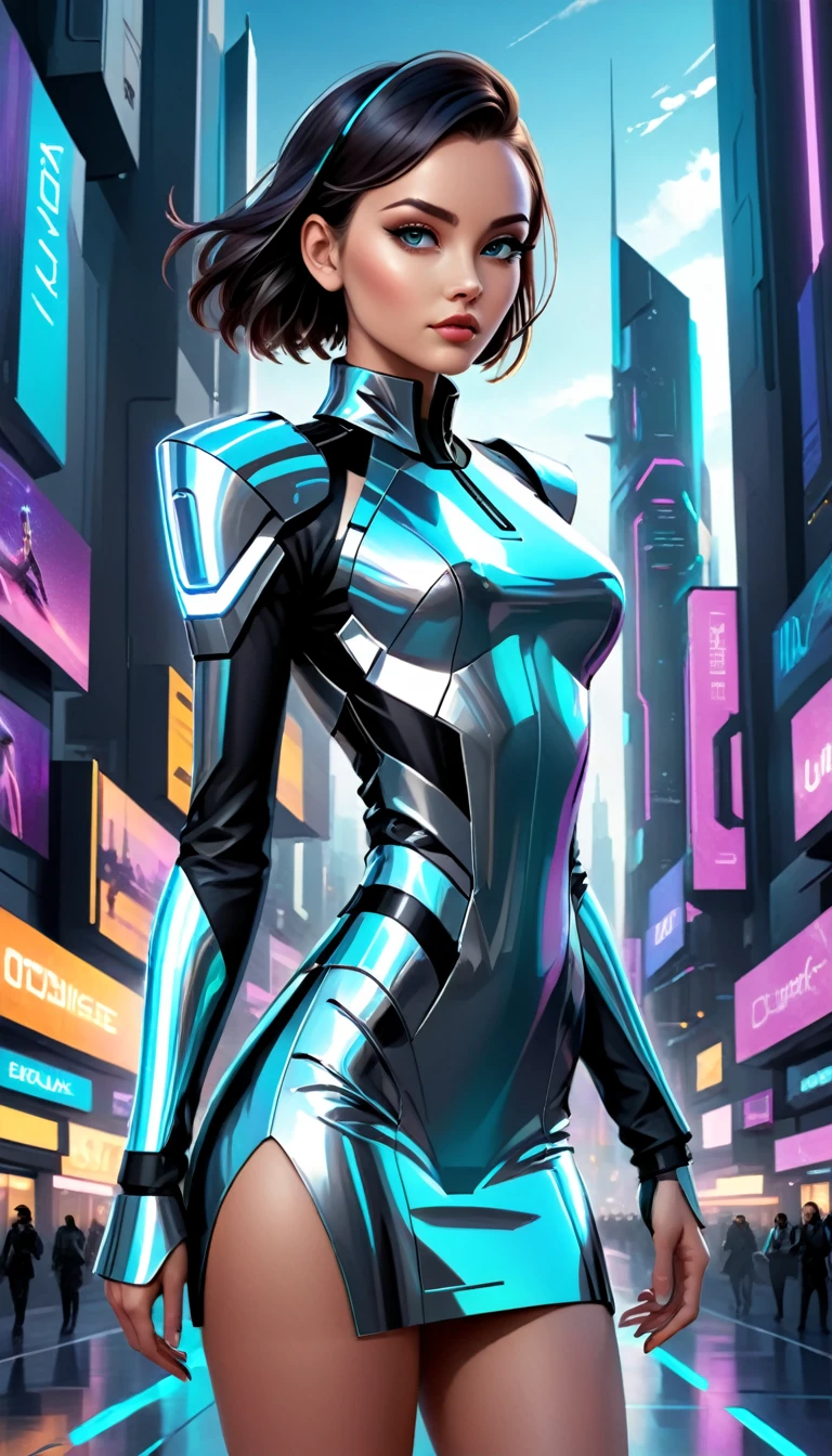 Hyper-realistic digital painting of a fashion model wearing a cutting-edge, futuristic outfit in a sleek, high-tech environment. The outfit features metallic fabrics, LED accents, and geometric shapes, reflecting the innovation of future fashion. The background includes a futuristic cityscape with holographic billboards and advanced architecture. The model's pose is bold and assertive, embodying the forward-thinking nature of the fashion industry. Cinematic composition, trending on ArtStation.