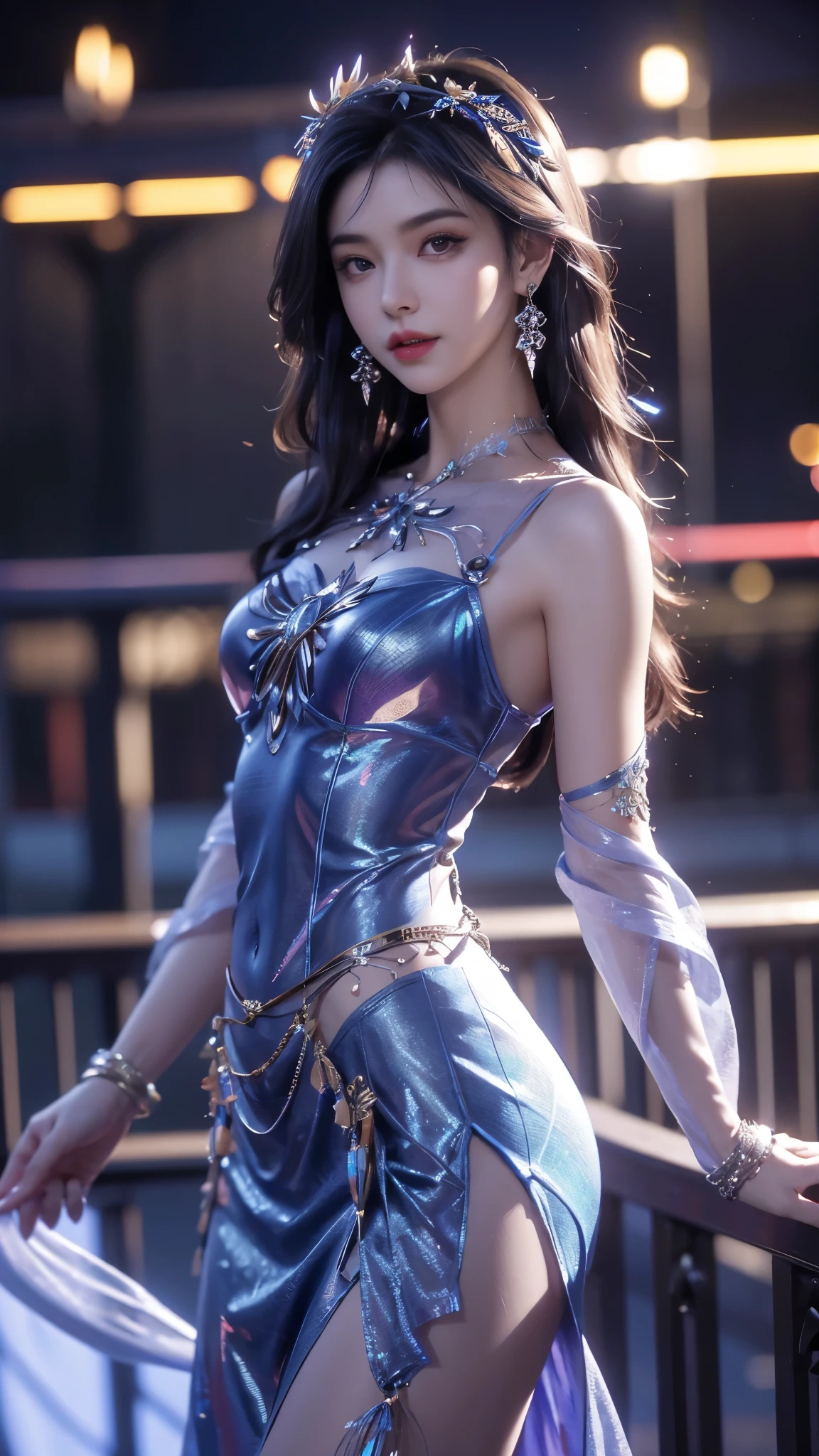 8K, UHD, MAsterpiece, best quality, 1 girl, (realistic face), happy pace, very long hair, small breasts, decorated dress, very beautiful ornaments dress, ((indigo color)), ((lace)), mesh dress, sardine, loops, legendary night balcony, depth of field, cinematic lighting, chromatic aberration, motion blur, glowing light, god rays, ray tracing, reflection light, backlighting, navel short,