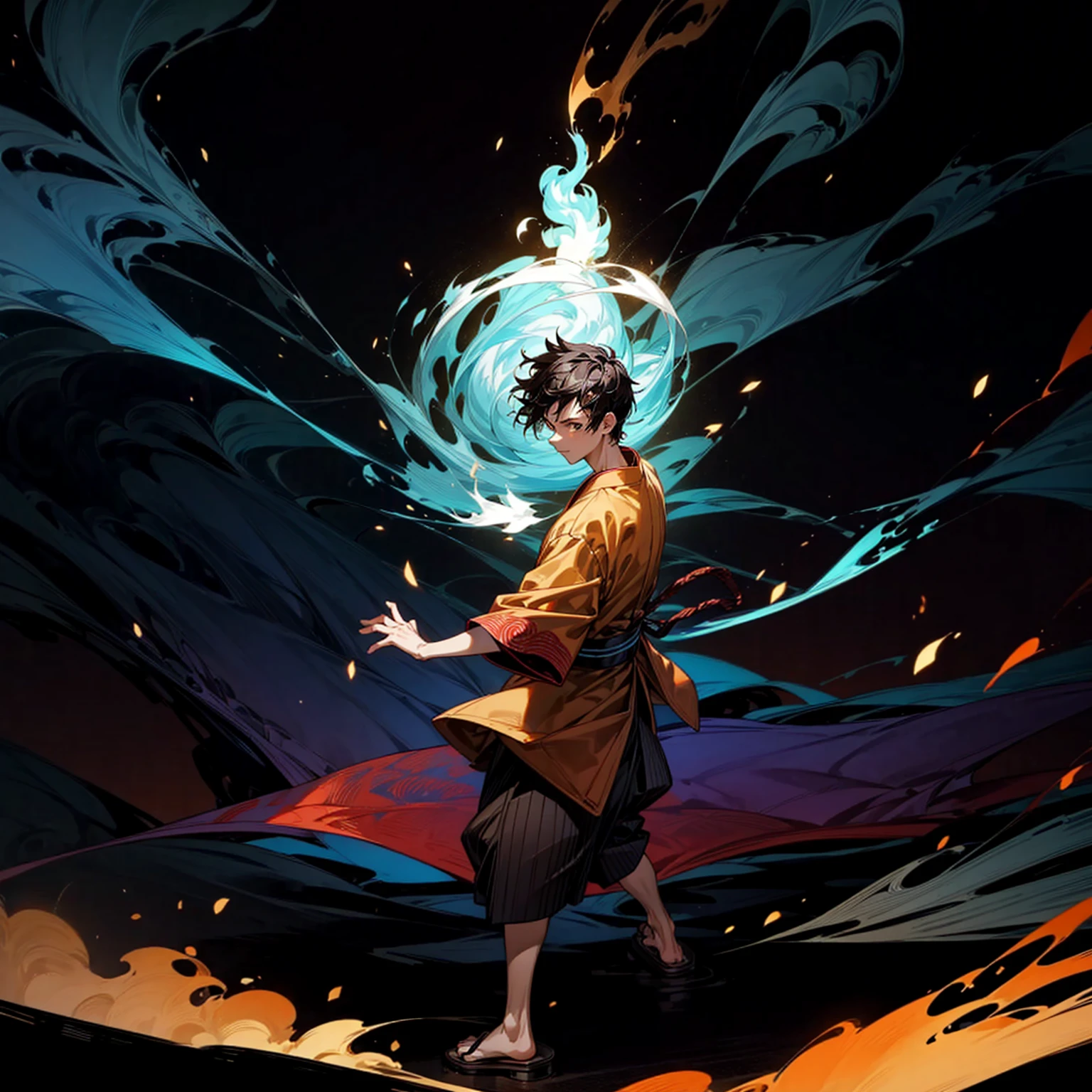 Solo, boy, full body version, Grassroots, ultra detailed, motion blur, brown eyes, black hair, short haircut, ancient Japanese traditional clothing style, Sandals, full background fire town, (one piece style art), standing gesture, big fire on hand, big fire in hand, Face focuses on hands, smoke effect on background, plasma effect, aura effect, light fire effect on hand, high angle view, bandage 