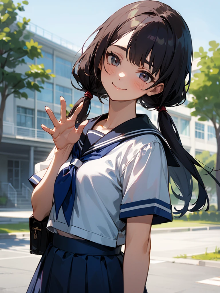 1girl, standing, (waving at the camera with left hand), (hand on chest with right hand), (head tilt), smile, 15yo, 1girl, standing, gentle smile, 15yo, head tilt,
school building on the back,
3-story white school building, outdoor, tree on side, (low twintails girl), low pigtails, red ribbon on hair, very long black hair, white serafuku with blue ribbon, navy-blue collar, navy-blue skirt, (dark brown eye), 1 school bag on right shoulder, afternoon, summer, school, (from front:1.4), upper body, anime, high brightness, detailed face, detailed eyes, (high quality, ultra detailed, masterpiece, super detail, highres, anatomically correct, UDH), good hands, good fingers Japanese anime style, extremely cute