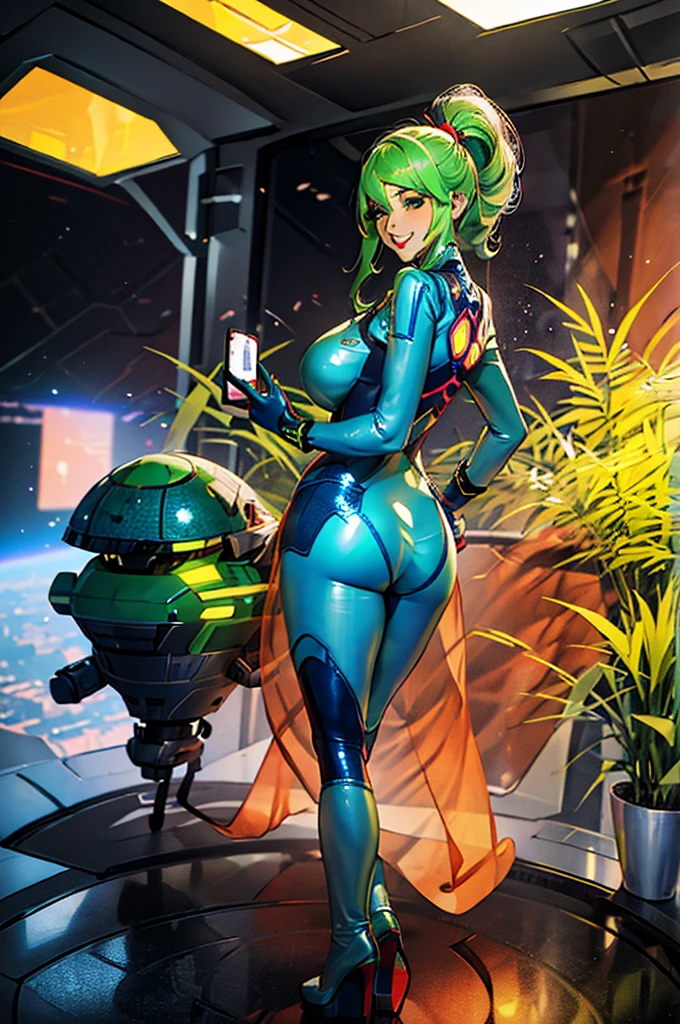 masterpiece, best quality, defCamilla, zero suit, blue gloves, high heels, looking at viewer, looking at viewer, smile, from behind, huge breasts, standing, night, garden , (green hair),(bob hair cut), (green eyes),( sexy pose for the camera in spaceship front cockpit) sexy pose