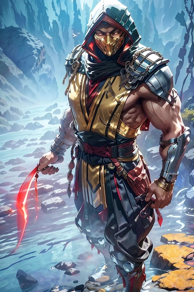 Master Man stands firmly in the center of the image, embodying determination and strength with a confident posture. His athletic and muscular build is accentuated by his outfit. He wears a large red hood with golden details at the top. Beneath the hood, he has a helmet or mask that covers the upper part of his face, leaving his eyes visible. This mask resembles lightweight armor. The character dons a flowing red cape that reaches the ground, made from a light and fluid material. Over a black tunic, he wears a black tactical vest with various pockets and straps. This vest features a utilitarian design with multiple compartments for carrying equipment or supplies. On his arms, Master Man sports golden bracelets with white straps, adding an elegant touch to the armor. The lower part of his outfit consists of black tactical pants that fit at the waist and extend down to his ankles. Under the tunic, he wears long white fitted socks that cover his legs down to his feet. His footwear is high-tech and imposing. Master Man’s face is partially covered by the helmet, showing only his intense, focused eyes. His skin has a tanned tone, and his blonde hair is visible in strands. He stands on a rocky plateau outdoors, on the edge of a cliff overlooking a vast landscape of mountains and valleys. The sky is partly cloudy, with rays of sunlight filtering through the clouds, casting a heroic glow on his figure. Behind him, buildings are visible in the distance.