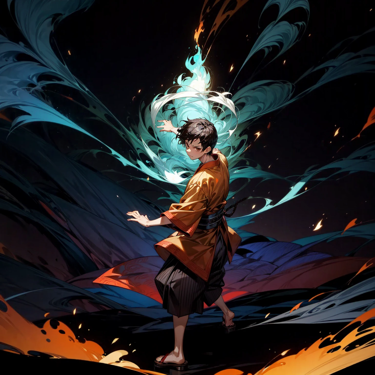 Solo, boy, full body version, Grassroots, ultra detailed, motion blur, brown eyes, black hair, short haircut, ancient Japanese traditional clothing style, Sandals, full background fire town, (one piece style art), standing gesture, big fire on hand, big fire in hand, Face focuses on hands, smoke effect on background, plasma effect, aura effect, light fire effect on hand, high angle view, bandage 