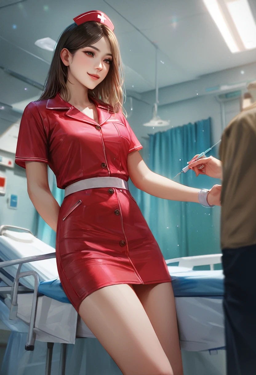 hospital, nurse, Having an injection, Blur the background,smile,Glitter effect,Highest quality, 8K, High resolution, masterpiece:1.2, Very detailed, Realistic:1.37, High resolution, 超High resolution, Ultra-fine painting, Very detailed, Professional, Vibrant colors