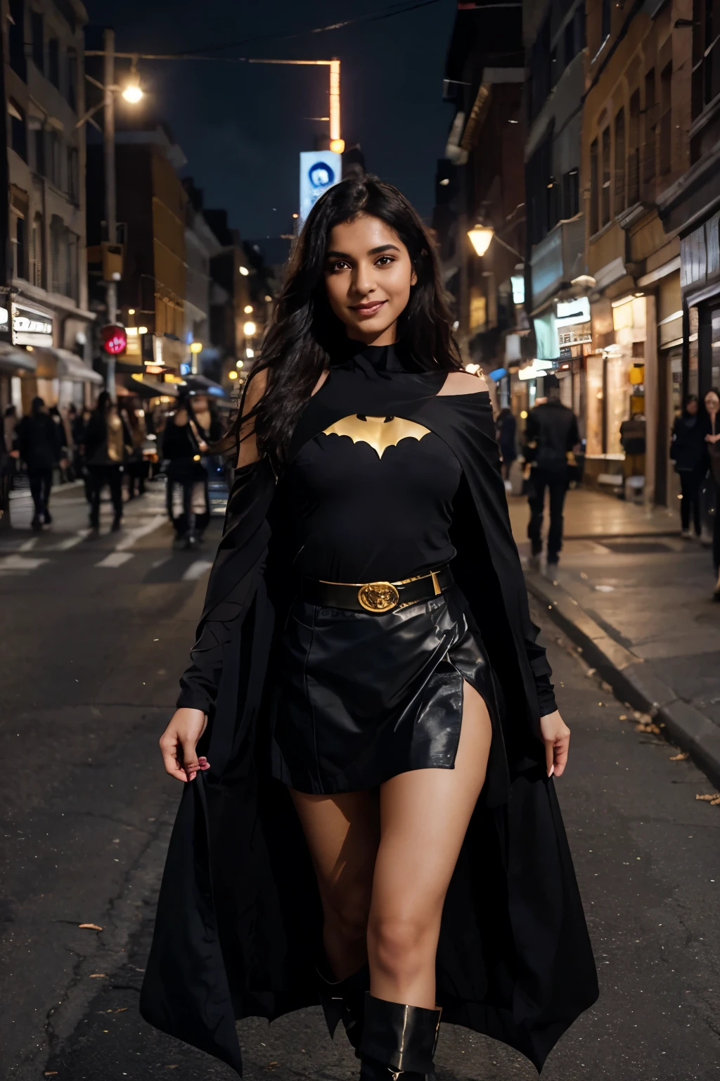 Fille indienne en tant que fille chauve-souris dans la rue de la ville, lumière cinématographique, Belle femme, maigre, seins moyens, cheveux longs noirs, Visage détaillé, sourire, Face à la caméra, photo prise de loin, wearing a sleek and iconic suit reminiscent of Batman's with black jupe fluide courte, Le costume présente une couleur sombre, body bleu nuit avec un emblème de chauve-souris doré sur la poitrine, jupe courte noire, une cape noire fluide drapée élégamment sur ses épaules, et des bottes élégantes avec des bordures dorées, ceinture dorée, jupe fluide courte