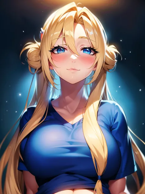 1girl, solo, portrait of a woman with blonde hair, long flowing pigtails, wearing a blue shirt, wearing a t-shirt, shirt tied in...